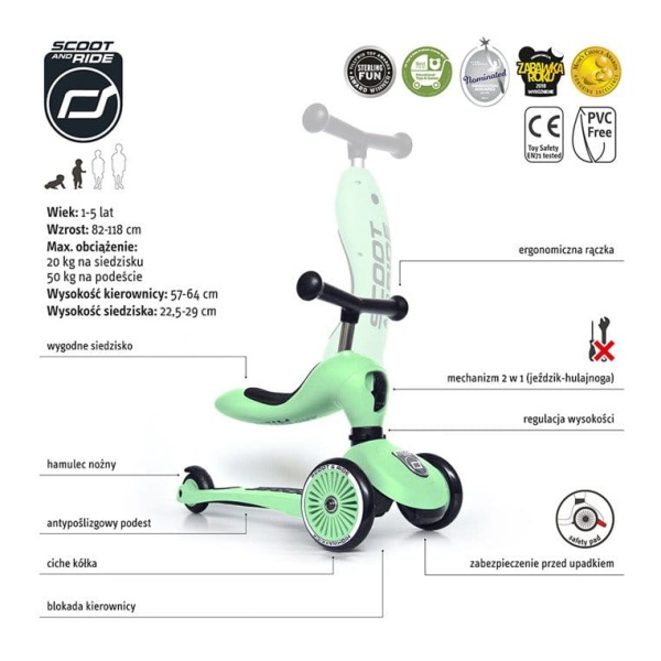 jeździk hulajnoga trójkołowa Scoot And Ride Highwaykick 1+ Kiwi specyfikacja
