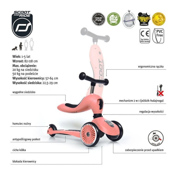 jeździk hulajnoga trójkołowa Scoot And Ride Highwaykick 1+ Peach specyfikacja