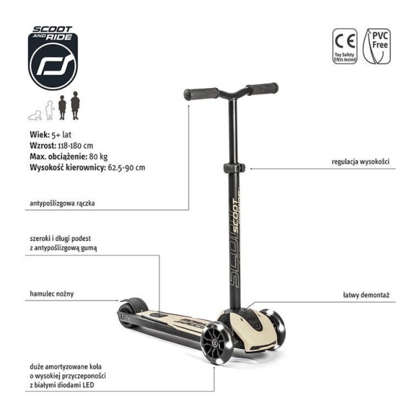 ScootAndRide Highwaykick 5 LED Hulajnoga trójkołowa balansowa ze świecącymi kółkami 5 Plus Ash specyfikacja