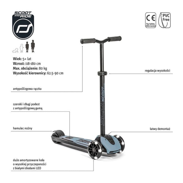ScootAndRide Highwaykick 5 LED Hulajnoga trójkołowa balansowa ze świecącymi kółkami 5 Plus Steel specyfikacja