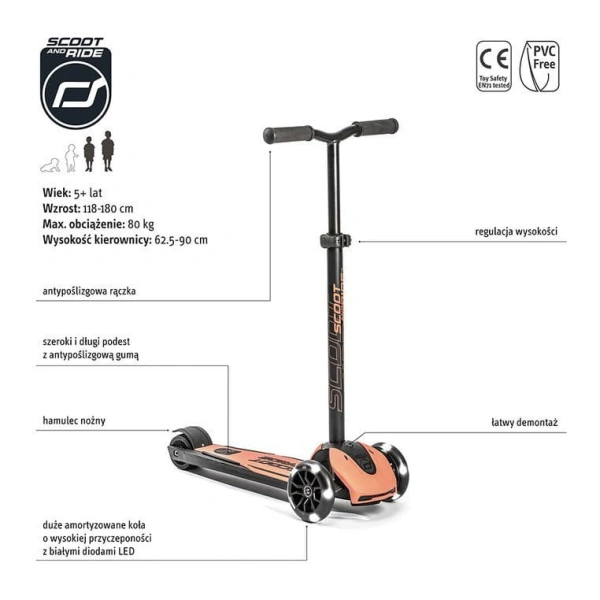 ScootAndRide Highwaykick 5 LED Hulajnoga trójkołowa balansowa ze świecącymi kółkami 5 Plus specyfikacja