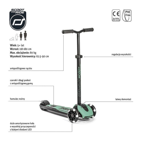 ScootAndRide Highwaykick 5 LED Hulajnoga trójkołowa balansowa ze świecącymi kółkami 5 Plus Forest Specyfikacja