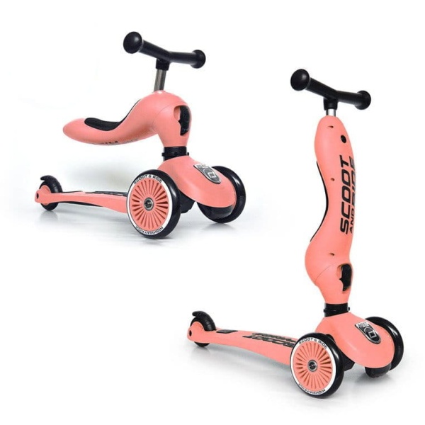 jeździk hulajnoga trójkołowa Scoot And Ride Highwaykick 1+ Peach widok funkcji jeździka i hulajnogi