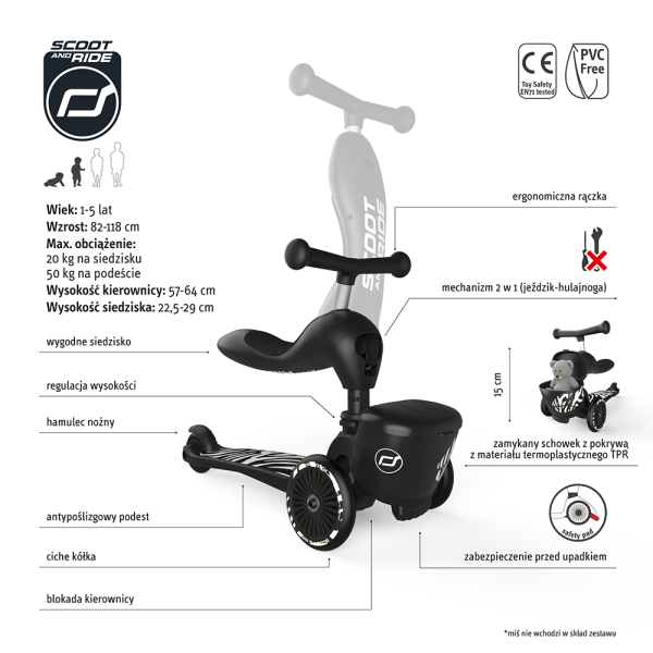 Scoot And Ride Highwaykick 1 Lifestyle 2w1 Jeździk i hulajnoga z zamykanym schowkiem 1 5-lat Zebra zpecyfikacja