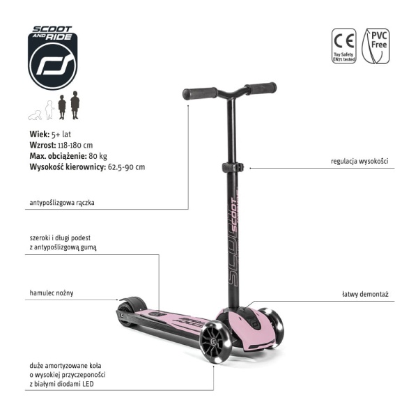 ScootAndRide Highwaykick 5 LED Hulajnoga trójkołowa balansowa ze świecącymi kółkami 5 Plus Rose specyfikacja
