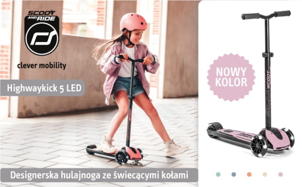 ScootAndRide Highwaykick 5 LED Hulajnoga trójkołowa balansowa ze świecącymi kółkami 5 Plus Rose Banerek