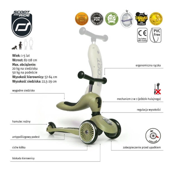 jeździk hulajnoga trójkołowa Scoot And Ride Highwaykick 1+ Olive specyfikacja