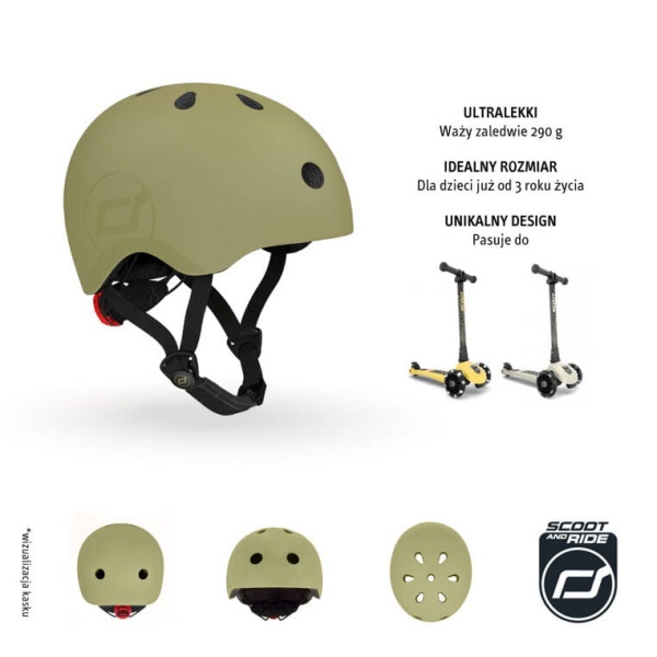 kask dla dzieci Scoot And Ride 3+ S-M Olive widok z różnych perspektyw