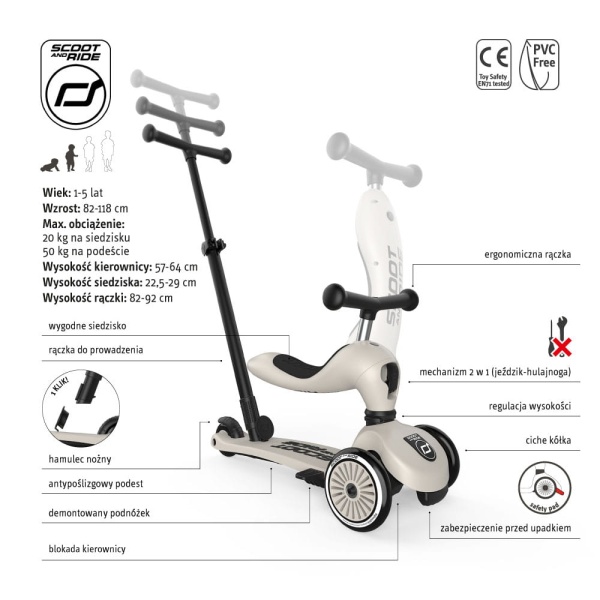 SCOOTANDRIDE Highwaykick 1 Push and Go Ash Jeździk cechy produktu