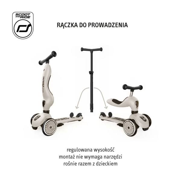 SCOOTANDRIDE Highwaykick 1 Push and Go Ash Jeździk  funkcją siedziska i hulajnoga z rączką do prowadzenia Dwie funkcje
