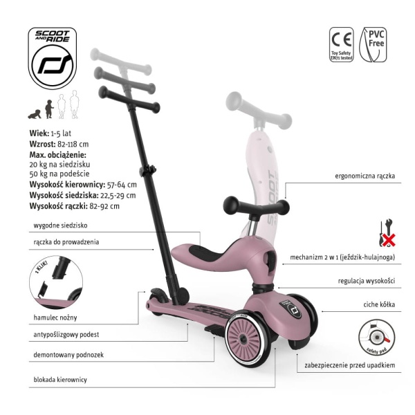 SCOOTANDRIDE Highwaykick 1 Push and Go 2 w 1 Jeździk i hulajnoga z rączką do prowadzenia Wildberry  opis produktu