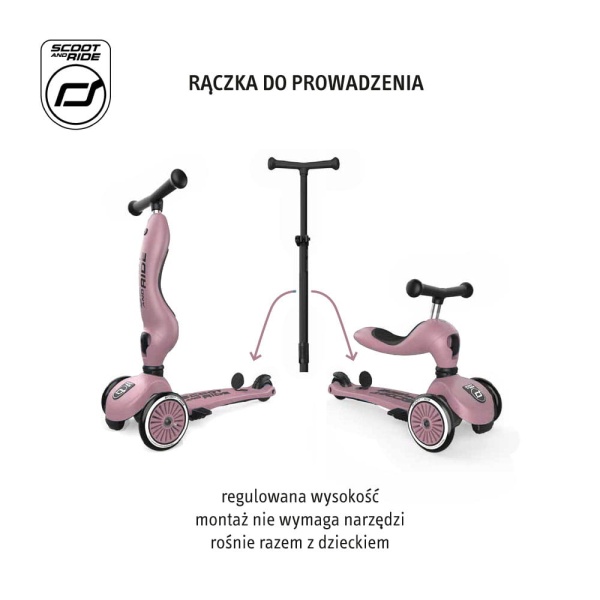 SCOOTANDRIDE Highwaykick 1 Push and Go 2 w 1 Jeździk i hulajnoga z rączką do prowadzenia Wildberry przedstawione funkcje