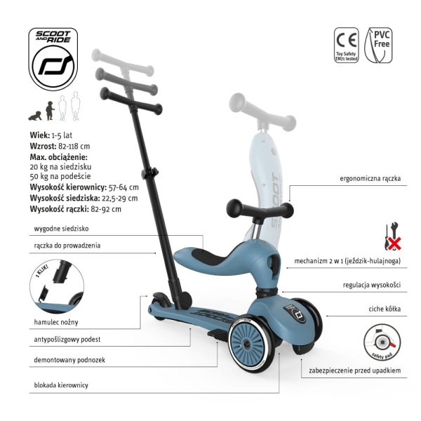 SCOOTANDRIDE Highwaykick 1 Push and Go Steel jeździk z rączką do prowadzenia cechy produktu