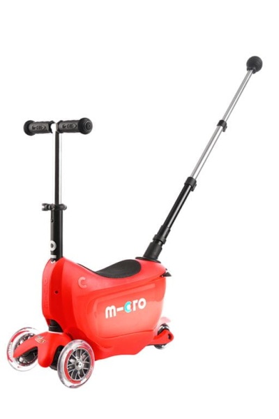 hulajnoga Mini Micro Deluxe 2GO PLUS Czerwona widok z przodu w wersji z prowadnikiem rozłożone