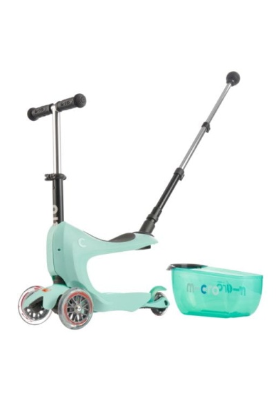 hulajnoga Mini Micro Deluxe 2GO PLUS Miętowa widok z przodu na jeździk i kosz na zabawki